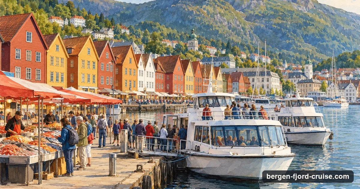Illustration of sightseeing boats boarding at a Bergen harbour quay beside the fish market, wooden waterfront houses behind