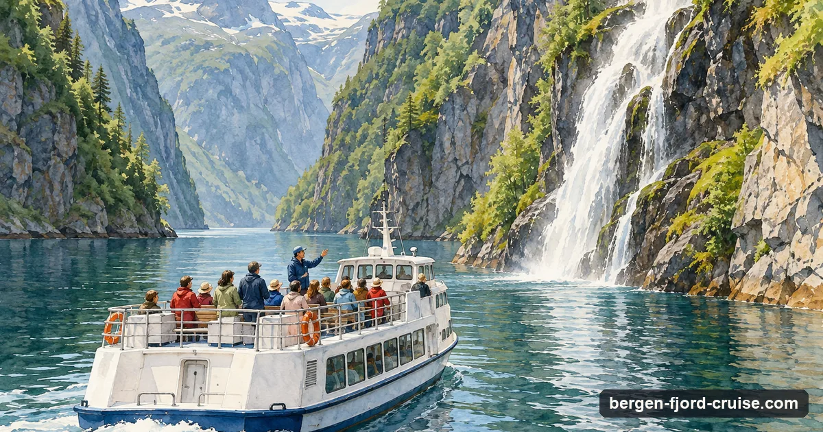 Illustration of a sightseeing boat in a narrow fjord strait with passengers on deck and a waterfall close by