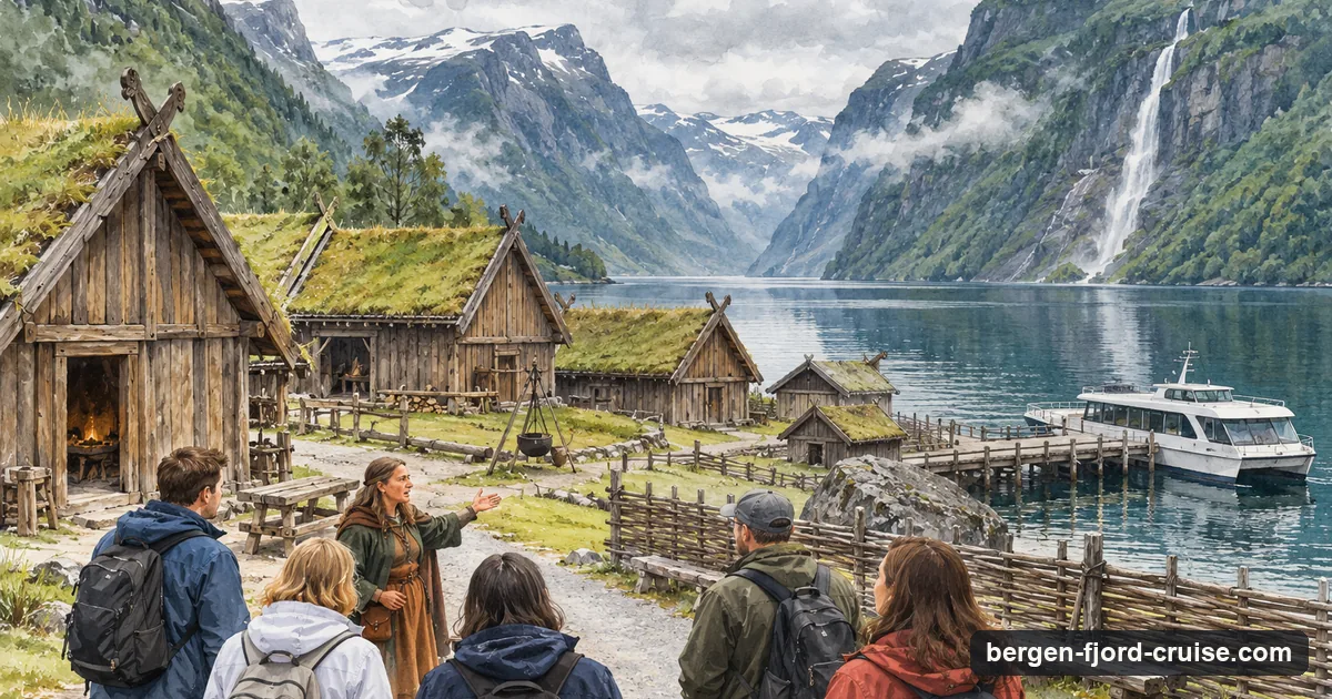 Illustration of turf-roofed Viking longhouses at the head of a narrow fjord, with a guided group and an electric ferry at the quay