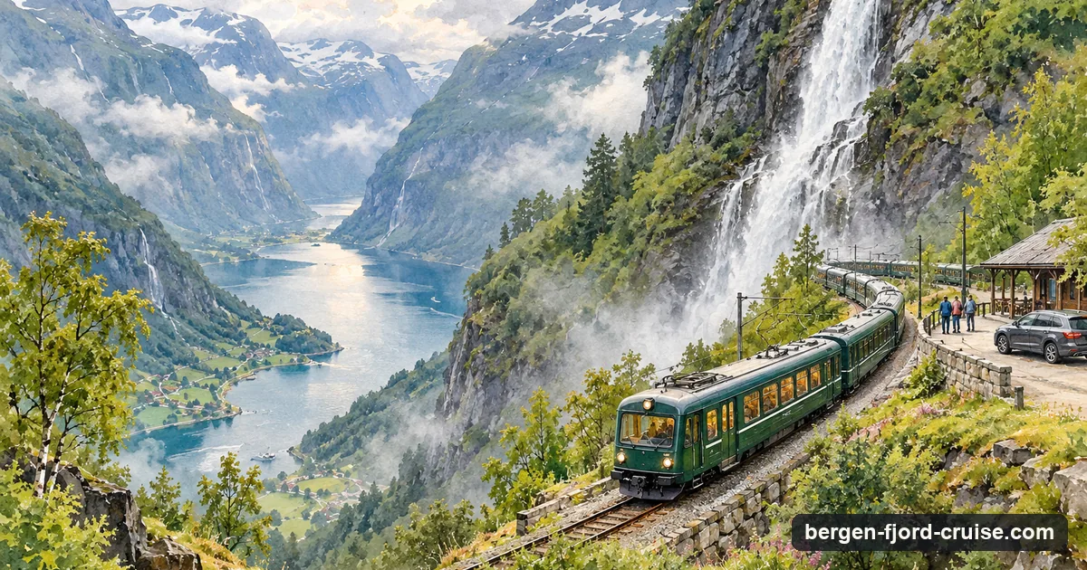 Illustration of a mountain railway train climbing a steep Norwegian valley past a waterfall, a fjord far below